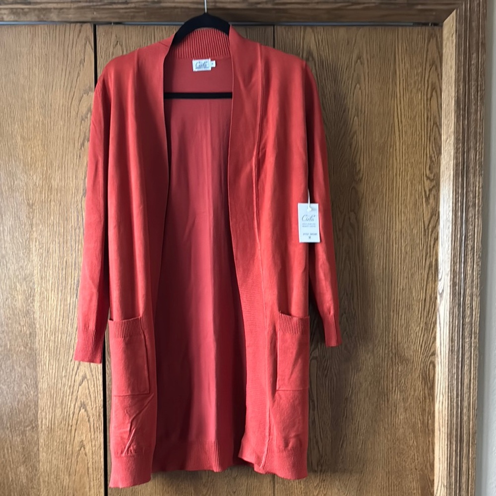 Red Open Front Knit Cardigan Sweater